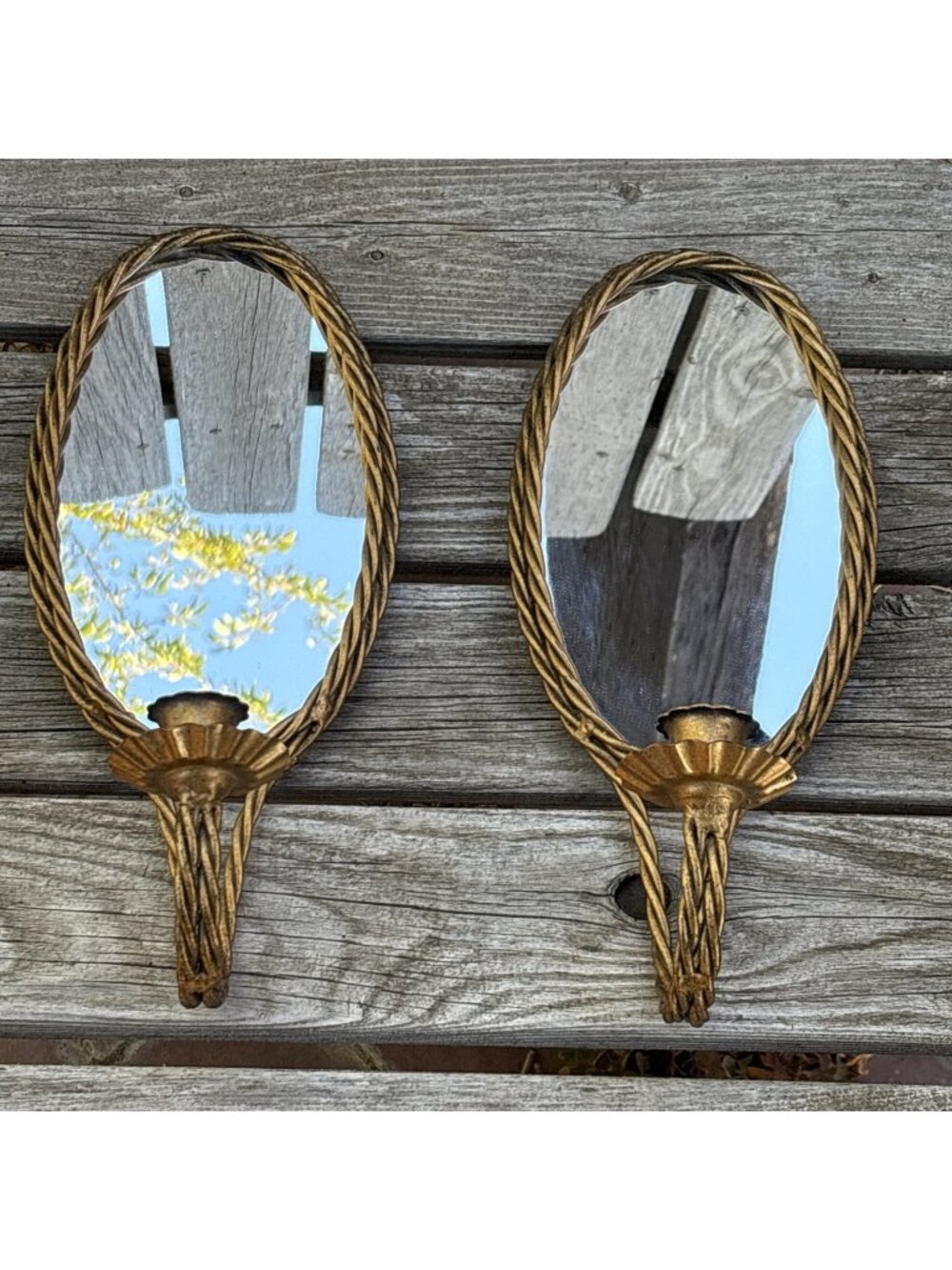 Vtg Hollywood Regency Mirrored Wall Sconce Candle Holders Twisted Rope Set of 2